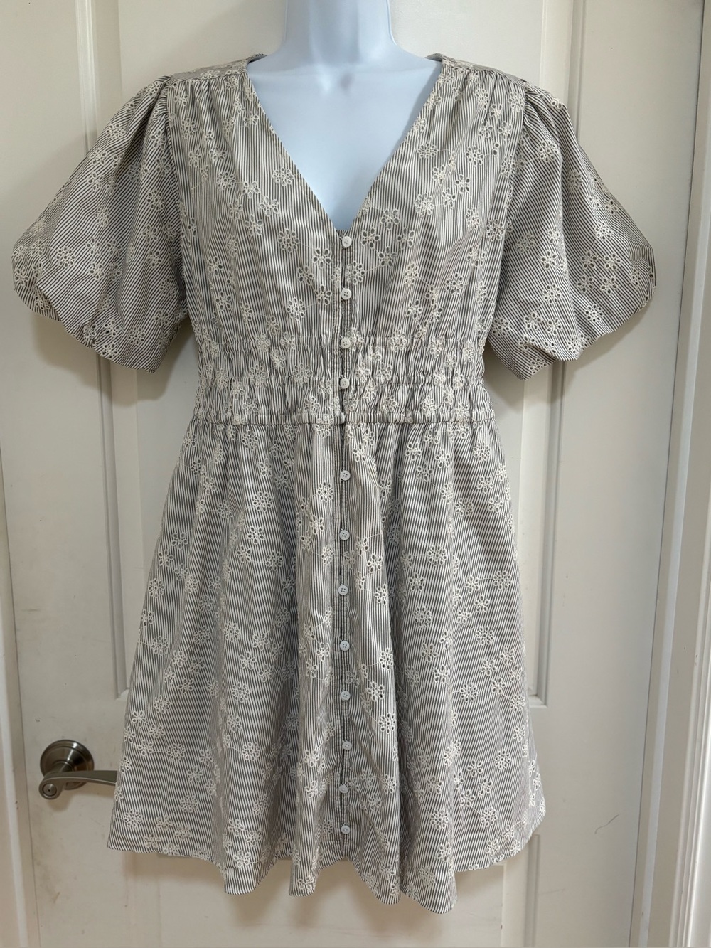 Madewell Sophia Mini Dress Eyelet Blue Stripe Ivory Shirred Waist Pockets Large